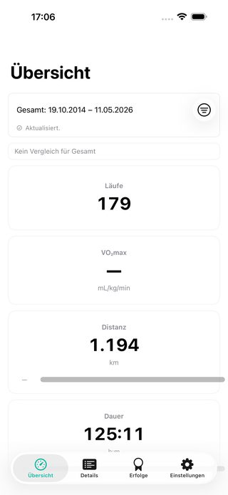 PaceLens-Übersicht mit Laufwerten und Trainingskontext aus der Health-App.