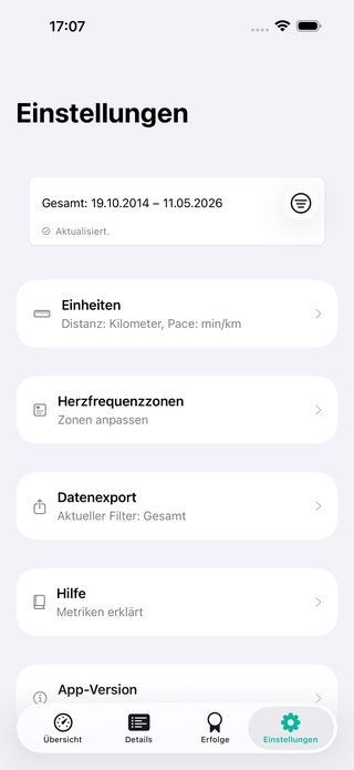 PaceLens-Einstellungen mit lokalem Datenexport.