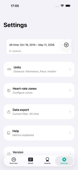 PaceLens settings screen showing local data export.