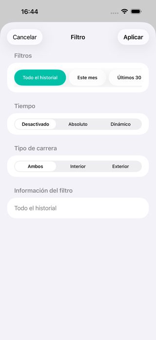 Pantalla de filtros de PaceLens con período y tipo de carrera interior o exterior.