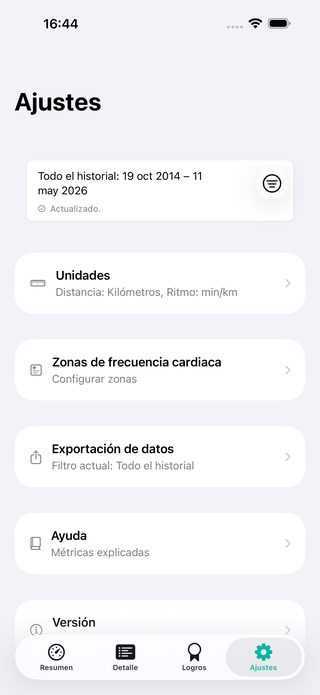 Pantalla de ajustes de PaceLens con exportación local de datos.