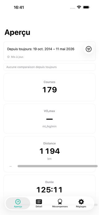 Écran d’aperçu PaceLens avec les totaux de course et le contexte d’entraînement depuis l’app Santé.