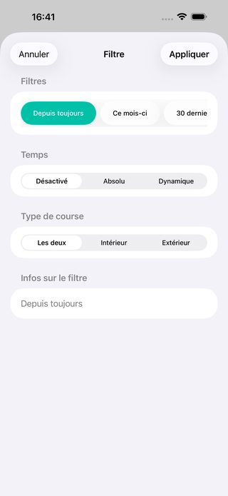 Écran de filtres PaceLens avec période et type de course en intérieur ou extérieur.