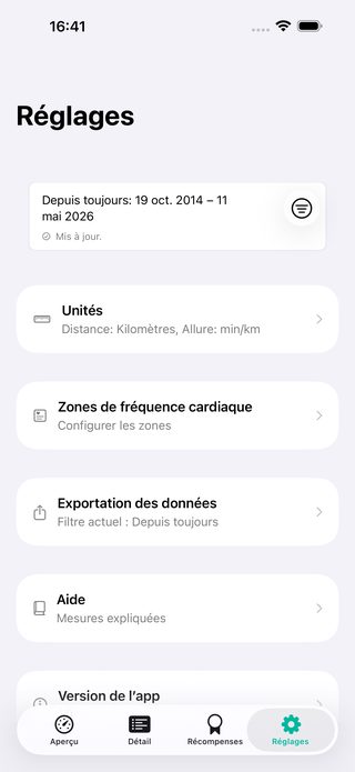 Écran des réglages PaceLens avec export local des données.
